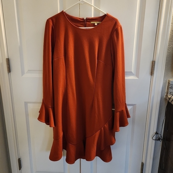 Gianni Bini The In Crowd Bell Sleeve Ruffle Sophie Mini Dress burnt orange 12 - Picture 3 of 11